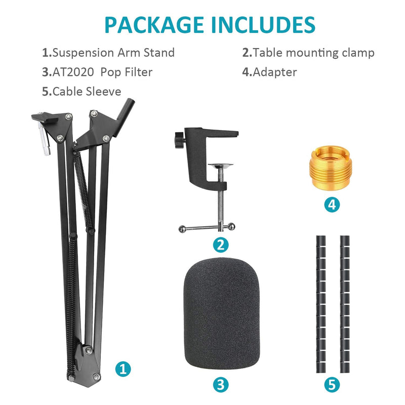  [AUSTRALIA] - AT2020 Mic Boom Arm Stand with Pop Filter, Compatible with Audio-Technica AT2020, Audio-Technica AT2020V USB Microphone with Cable Sleeve by SUNMON Mic Stand with Pop Filter and Cable Sleeve