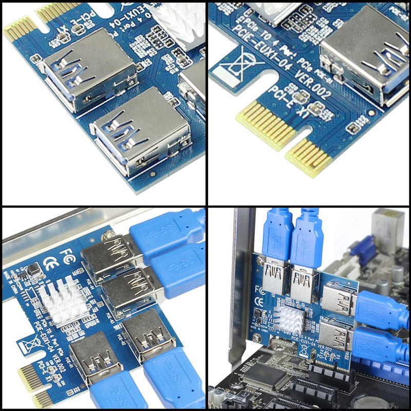  [AUSTRALIA] - JMT PCI-E 1x to 16x Riser Card PCI-Express 1 to 4 Slot PCIe USB3.0 Splitter 1 to 4 Adapter GPU Riser Card for BTC Bitcoin Miner Mining (PCIE 1 to 4USB Card Blue) PCIE 1 to 4USB Card Blue