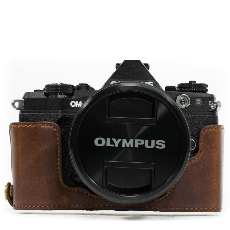  [AUSTRALIA] - MegaGear Ever Ready Leather Camera Half Case Compatible with Olympus OM-D E-M5 Mark II Dark Brown