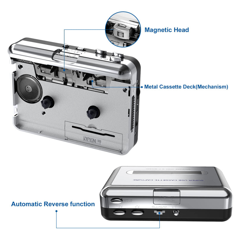  [AUSTRALIA] - Cassette Player-Cassette Tape to MP3 CD Converter- Powered by Battery or USB,Convert Walkman Tape Cassette to MP3, Compatible with Laptop and PC, USB Cable,Software CD,3.5mm Jack Earphone GRAY