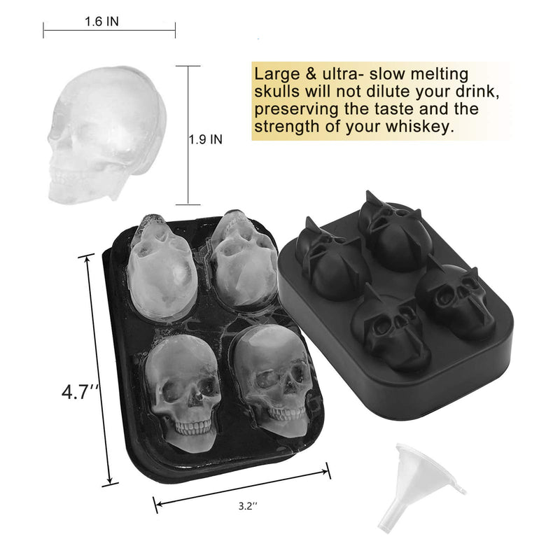  [AUSTRALIA] - Skull Ice Cube Mold, 3D Flexible Ice Cube trays with Funnel, 4 Cavity Cute and Funny Ice Skull Maker for Christmas Whiskey, Cocktails and Juice