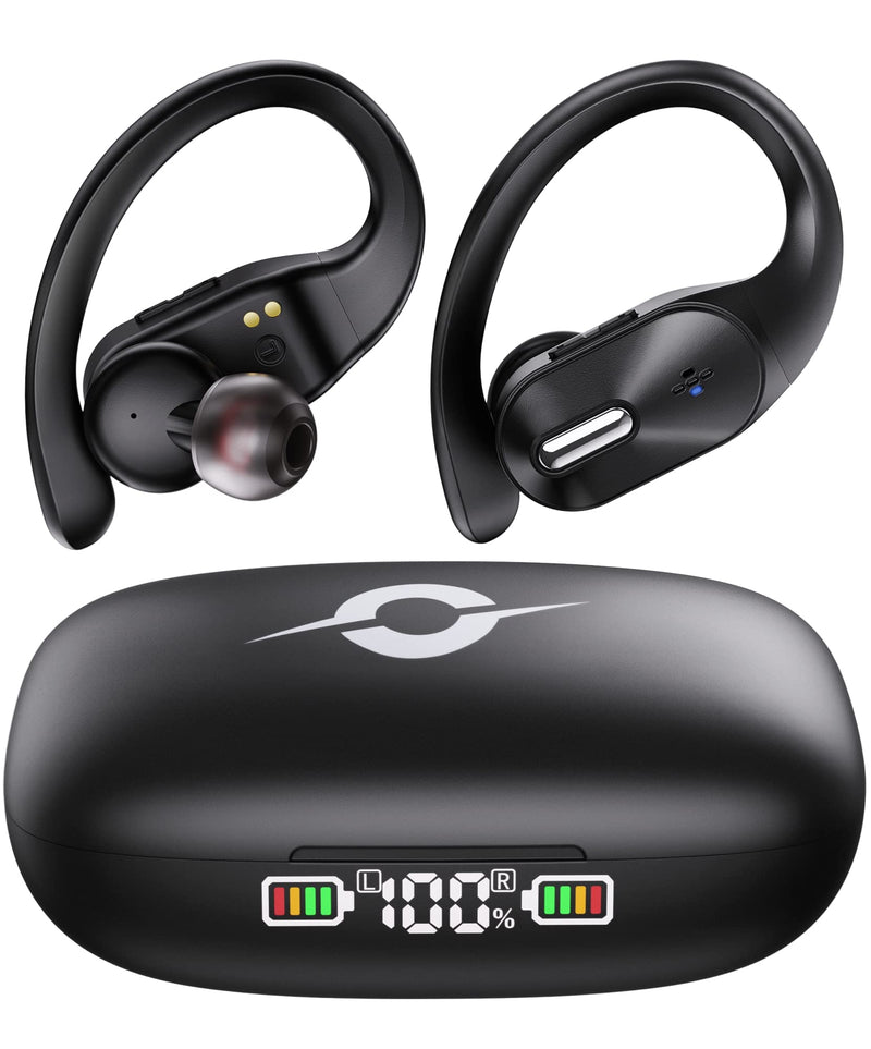  [AUSTRALIA] - Bluetooth Headphones Wireless Earbuds with Wireless Charging Case 48hrs Playtime LED Digital Display Deep Bass Sound Earphones with Built in Mic and Over Earhooks Waterproof Headset for Sports Orancu Black