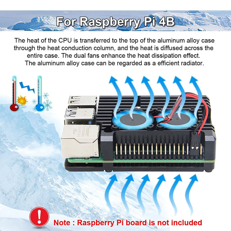  [AUSTRALIA] - Generic Double Fan Cooling Raspberry Pi 4 Case, Raspberry Pi 4B Aluminum Alloy Case with Intelligent Temperature Control Dual Fan, Built-in Radiator, Rust Protection for Raspberry Pi 4 Model/Pi 4B