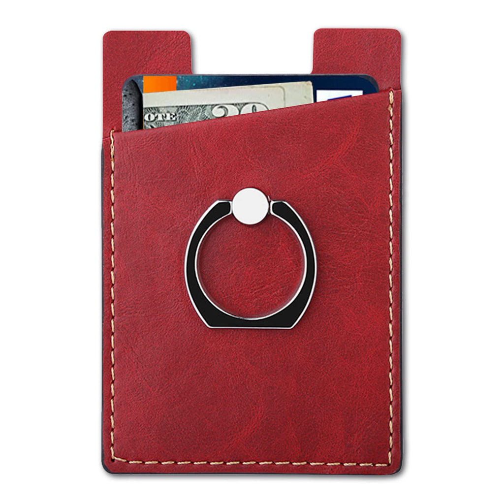  [AUSTRALIA] - Phone Card Holder with Phone Ring, Ring Wallets Combine a Finger Grip, Phone Ring Stand & Credit Card Sleeve into Thin Phone Wallets Stick On Universal to Any Cell Phone - Red Leather