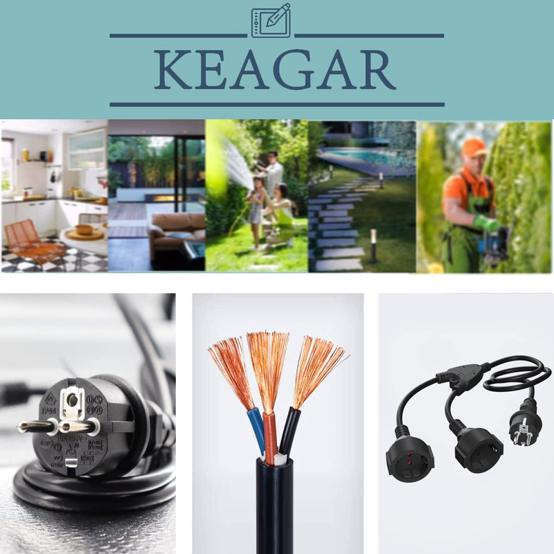  [AUSTRALIA] - KEAGAR protective contact extension cable outdoor, AC Schuko plastic cable with 2-way sockets, double plug for socket IP44 for home, office, outdoor area, 3 x 1.0mm², up to 250V/16A, black, 2M 1 piece-2M