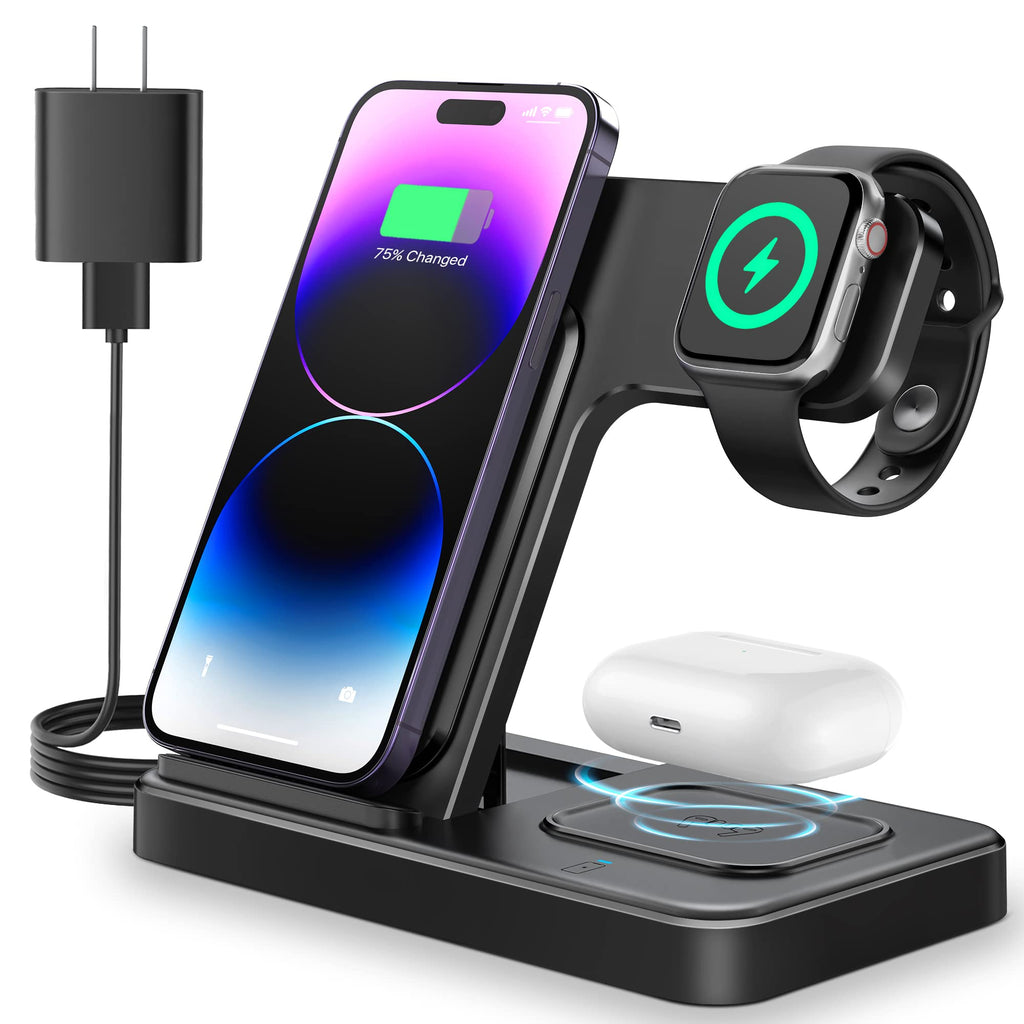  [AUSTRALIA] - Wireless Charger, Charging Station 3 in 1, Fast Wireless Charger Stand for iPhone 14/13/12/11/Pro/Max/Plus/XS/XR/X/8, Apple Watch 8/7/6/5/4/3/2/SE & AirPods black