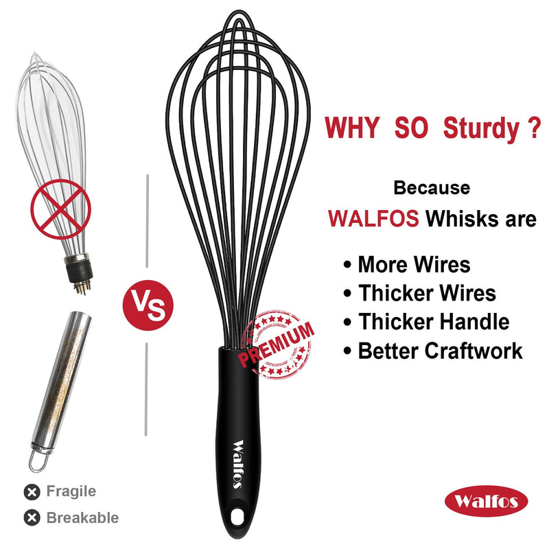  [AUSTRALIA] - Walfos Silicone Whisk, Stainless Steel Wire Whisk Set of 3 -Heat Resistant Kitchen Whisks for Non-stick Cookware, Balloon Egg Beater Perfect for Blending, Whisking, Beating, Frothing & Stirring, Black 3PCS (8.5inches、10.5inches、12inches)