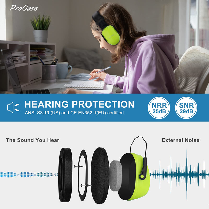  [AUSTRALIA] - ProCase Kids Ear Protection Safety Ear Muffs, NRR 25dB Noise Reduction Hearing Protection Earmuffs for Concerts Fireworks Shooting Toddler Children Teen Kid -Green Green