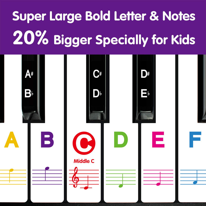 Piano Stickers for Beginners 88/76/61/54/49/37 Keys - Transparent, Removable, Big Letters Piano Keyboard Stickers - Perfect for Kids, Easy to Install with Cleaning Cloth 88 Keys Large Bolded Letter Multi-Colored - LeoForward Australia