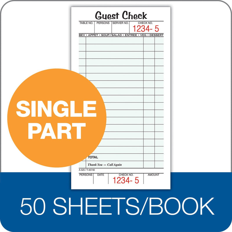  [AUSTRALIA] - Adams Guest Check Pads, Single Part, Perforated, White, 3-2/5" x 6-3/4 ", 50 Sheets/Pad, 5 Pads/Pack (525SWMT)