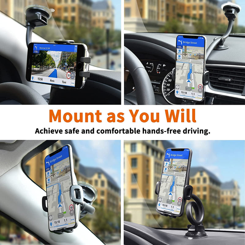  [AUSTRALIA] - 1Zero Solid Car Truck Phone Mount Holder with 14-Inch Gooseneck Long Arm, Windshield Window Mobile Holders w/Industrial-Strength Suction Cup, Anti-Shake Stabilizer Compatible All Cell Phones iPhone Black Mirror Surface with Silver Ring