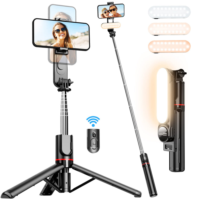  [AUSTRALIA] - Stable Selfie Stick Tripod with Fill Light, 44 Inch Extendable Selfie Stick with Wireless Remote and Tripod Stand 360 Rotation for iPhone 13/12/11 Pro/XS Max/XS/XR/X/8/7, Samsung and Smartphone With Light