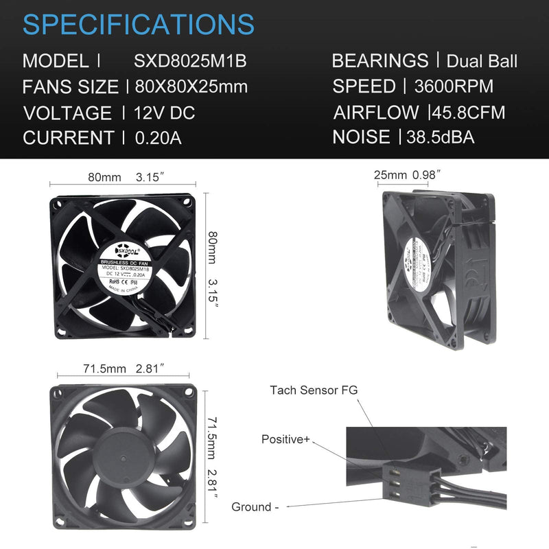  [AUSTRALIA] - SXDOOL 80mm DC 12V Waterproof Cooling Fan,80X80X25mm High Speed CFM,for Computer Chassis Cabinets PC Cooler