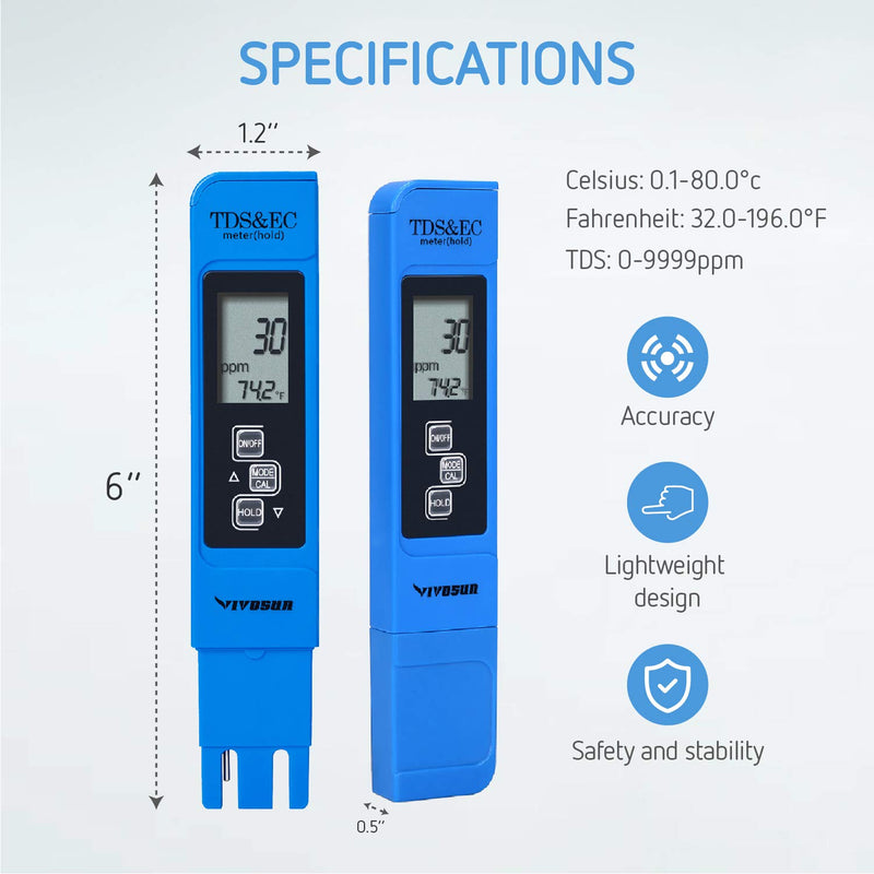VIVOSUN TDS Tester 3-in-1 TDS EC & Temperature Meter Ultrahigh Accuracy Digital Water Quality TDS Tester (Blue) - LeoForward Australia