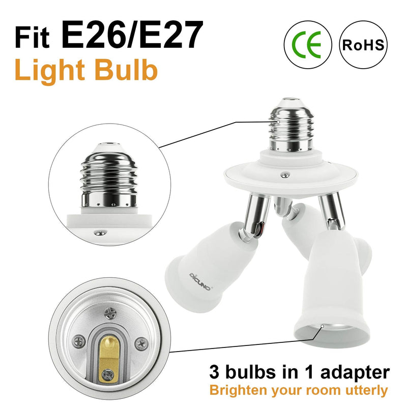  [AUSTRALIA] - DiCUNO 3 in 1 E26 Light Socket Splitter Adapter, Standard Base LED Bulb Converter, 360 Degrees Adjustable 180 Degree Bendable, 3 Way Bulbs Socket Holder 3 in 1 E26 Socket