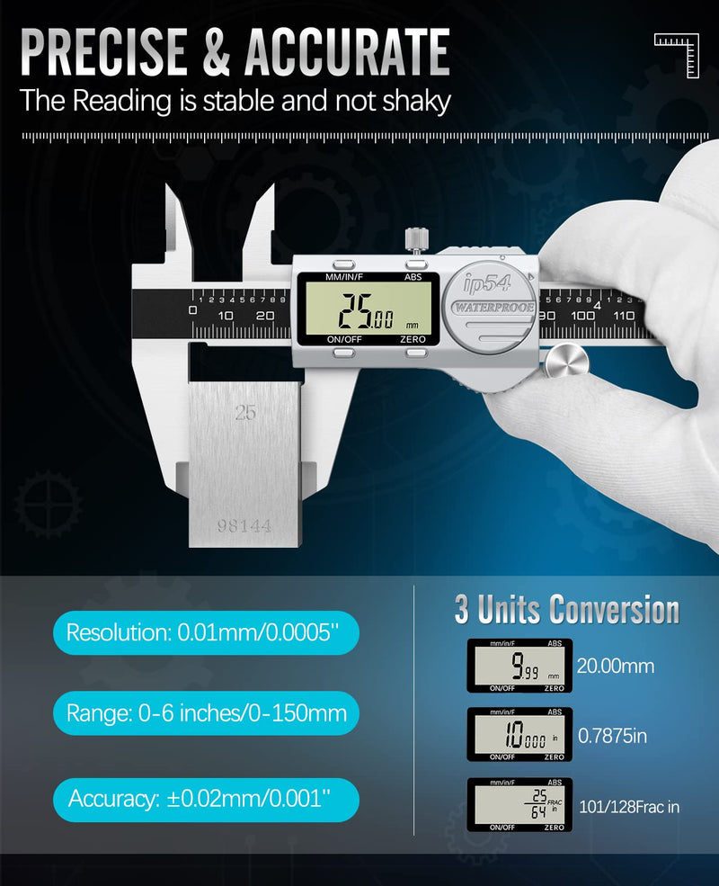  [AUSTRALIA] - Housolution Digital Caliper, Electronic Caliper with ABS Function, 6-Inch IP54 Waterproof Caliper with LCD Display & Replacement Battery, with Feeler Gauge for Precise Measurement, Silver + Black ABS-150mm