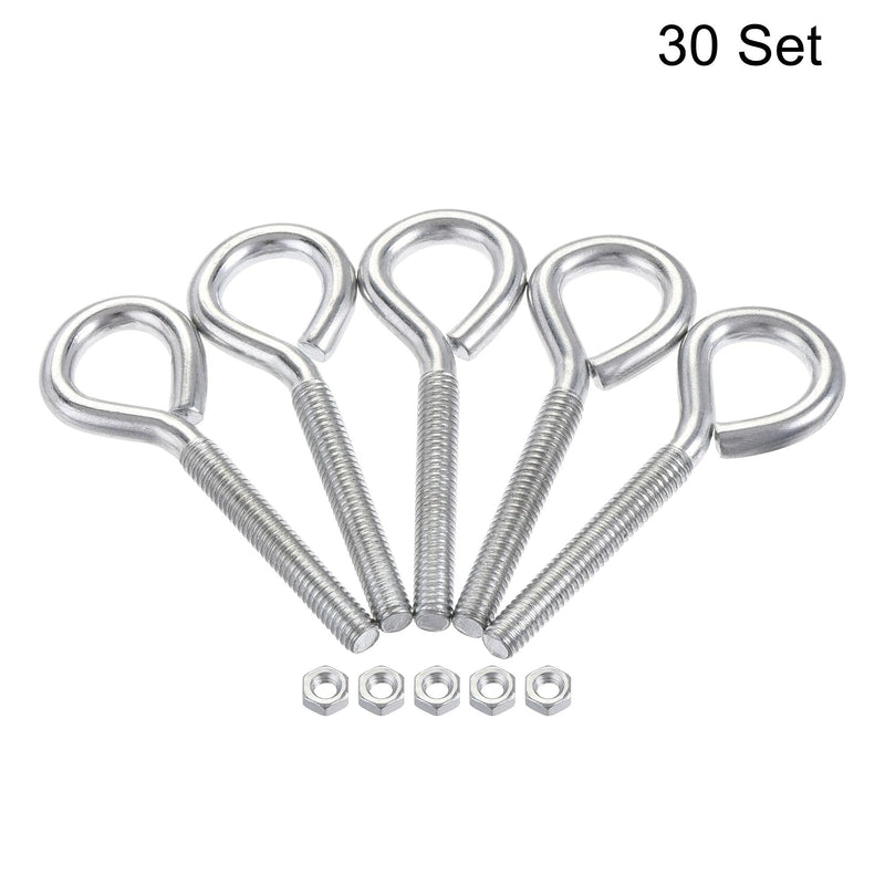  [AUSTRALIA] - uxcell M4x30mm Eye Hooks Screws Bolts Kit, 30pcs Carbon Steel Hanger Eyelet Hooks Screw with Hex Nuts for Metal Hook, Wood Terminal Ring Hooks