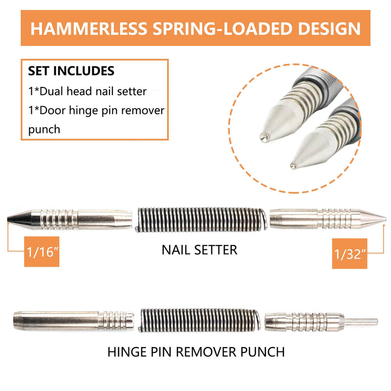  [AUSTRALIA] - WHLLING 2-Piece Dual Head Nail Setter and Hinge Pin Punch Set, Hammerless 1/32″& 1/16″Nail Set, 3500 PSI Striking Force Door Pin Removal Tool