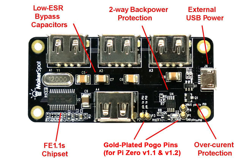  [AUSTRALIA] - MakerSpot 4-Port Stackable USB Hub HAT for Raspberry Pi Zero V1.3 (with Camera Connector) and Pi Zero W /2W (with Bluetooth & WiFi)