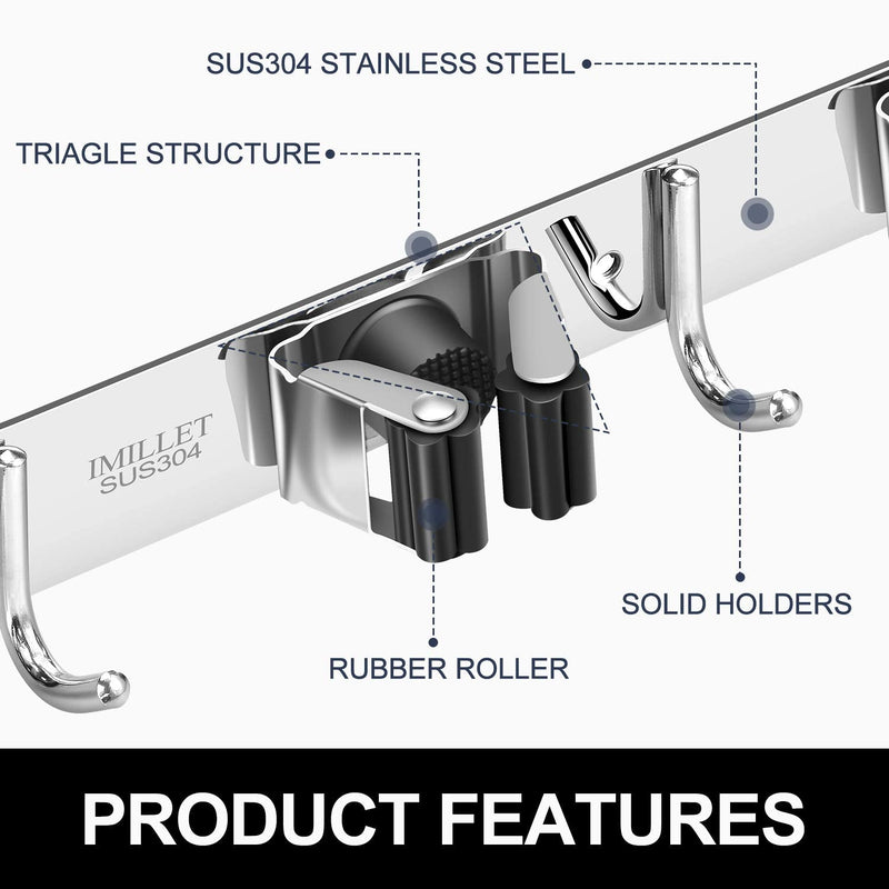  [AUSTRALIA] - IMILLET Broom and Mop Holder Wall Mounted, Stainless Steel Broom Holder Mop Holder Self Adhesive Heavy Duty Hooks Storage Organizer for Home Laundry Room Garden Garage（3 Racks with 4 Hooks） 1 Pack 3 Racks with 4 Hooks