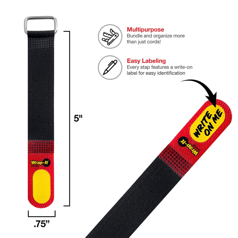  [AUSTRALIA] - Wrap-It Storage Hook and Loop Cinch-Straps 5" 20 Pack (Red/Black) with Write on Label for Easy Cord Identification and Cable Management, Reusable Multi-Purpose Securing Cinch Straps 5" (20 Pack) Red/Black