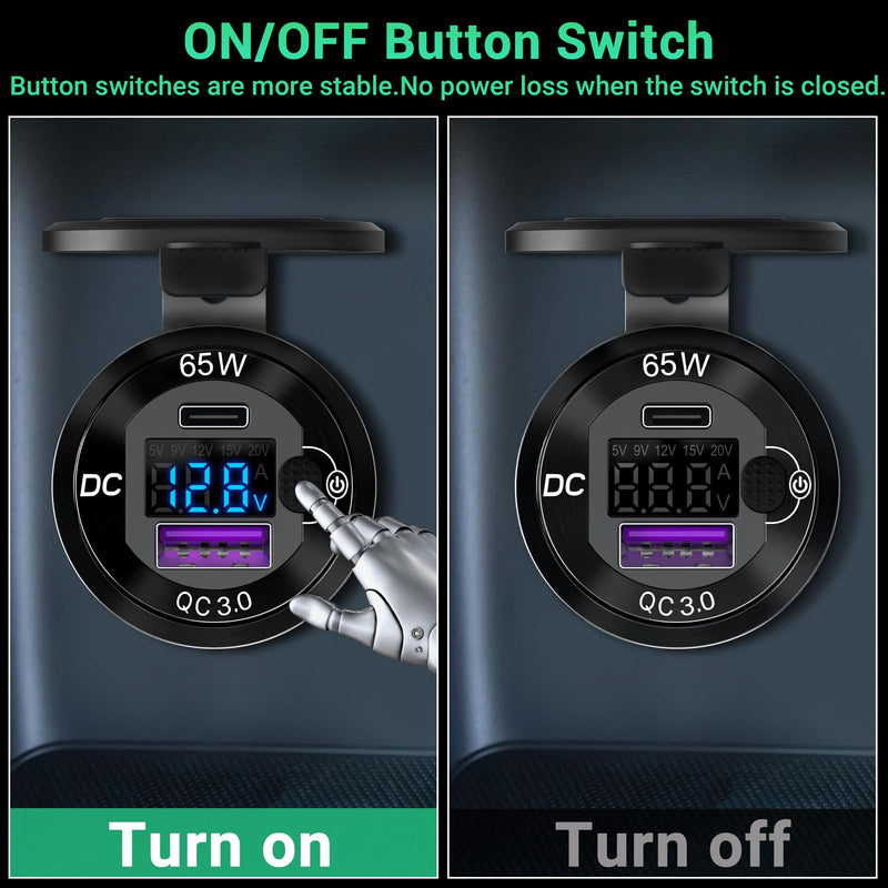  [AUSTRALIA] - 83W 12 Volt USB Outlet Built-in Boost USB C Laptop Car Charger: Ouffun 65W PD3.0 and 18W QC3.0 Car USB Port Aluminum Socket with Button Switch Smart Voltmeter, Suitable for Car RV Marine Golf Cart