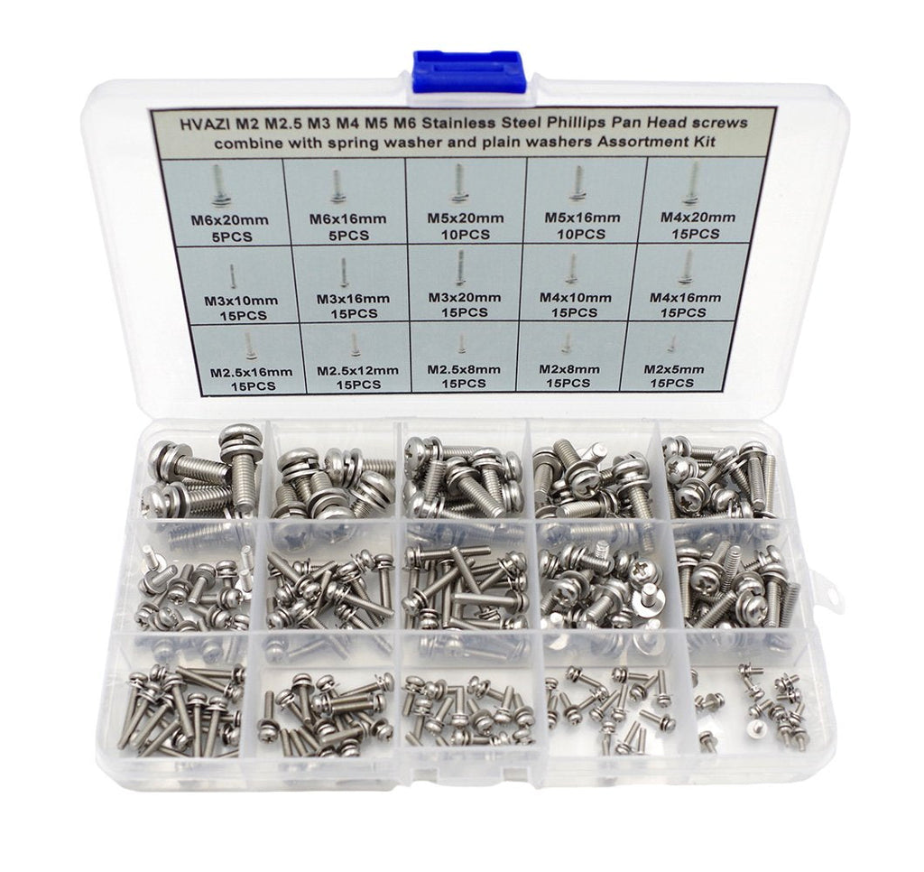  [AUSTRALIA] - HVAZI M2 M2.5 M3 M4 M5 M6 Stainless Steel Phillips Pan Head Screws Combine with Spring Washer and Plain Washers Assortment Kit