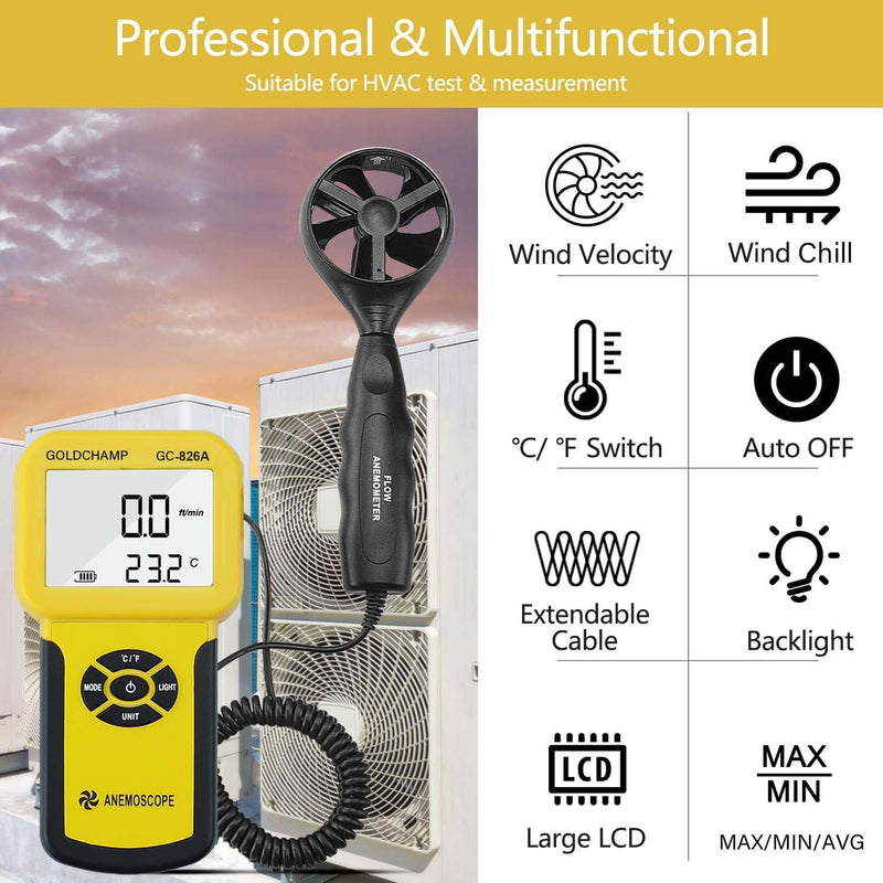  [AUSTRALIA] - Anemometer anemometer, digital anemometer handheld meter 826A anemometer anemometer/temperature ℃/℉, digital anemometer max/min/average/real-time measurement with LCD backlight 2-826A