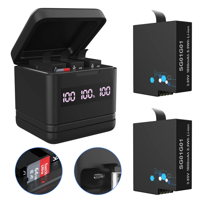  [AUSTRALIA] - 2 Pack 1800mAh Batteries for GoPro Hero 8 Hero 7 Hero 6, 3-Channel Fast Battery Charger Station with Battery Digital LCD Display and Micro SD Card Reader Function 2 Pack Batteries for Hero 6/7/8