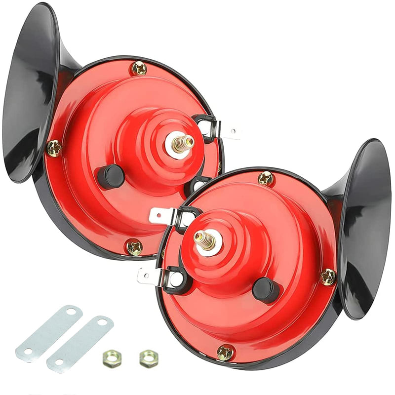  [AUSTRALIA] - QODOLSI 2 Pack 300DB Super Loud Train Horn, 12V Security Alarm Speaker, Car Waterproof Air Electric Snail Double Horn Replacement Kit, Fits for Most Cars Motorcycle, Truck, Bike, Boat (Red) 2 PCS Red