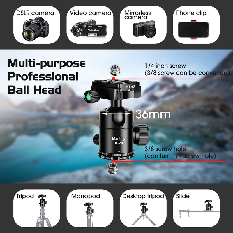  [AUSTRALIA] - Manbily Professional Tripod Ball Head,Super Long Lens Does Not Easy Nod or Sag,Rotate 360 Degrees,Quick Release Plate and Level Gauge,CNC Metal Aluminum,for DSLR,Camcorder,monopod,Up to 33lbs/15kg