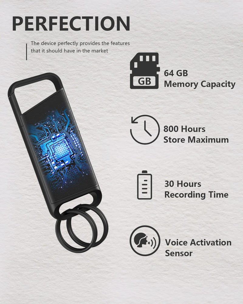  [AUSTRALIA] - 64GB Keychain Voice Recorder with Playback,Voice Activation with 800 Hours Recording Capacity,Adjustable Bit Rate，Mini Recording Device,Triple Noise Reduction,for Lectures, Meetings, Interviews