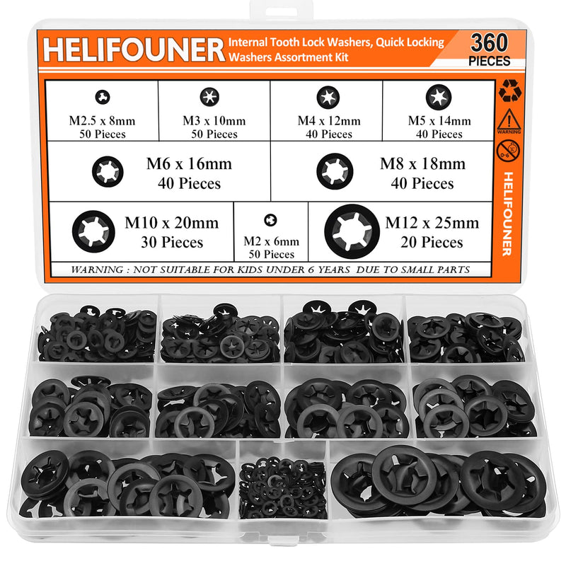  [AUSTRALIA] - HELIFOUNER 360 Pieces 9 Sizes Internal Tooth Star Lock Washers, Quick Speed Locking Washers, Push Nuts, Speed Clips Retaining Clips Fasteners Assortment Kit