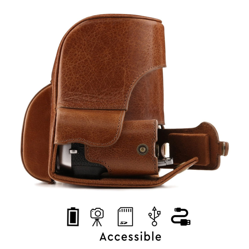  [AUSTRALIA] - MegaGear MG1340 Ever Ready Genuine Leather Camera Case & Strap for Fujifilm X-E3 (23mm & 18-55mm) with Battery Access, Light Brown