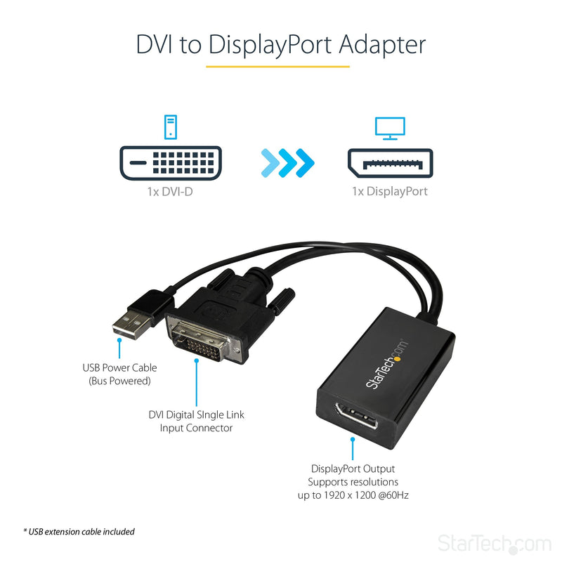  [AUSTRALIA] - StarTech.com DVI to DisplayPort Adapter - USB Power - 1920 x 1200 - DVI to DisplayPort Converter - Video Adapter - DVI-D to DP (DVI2DP2)