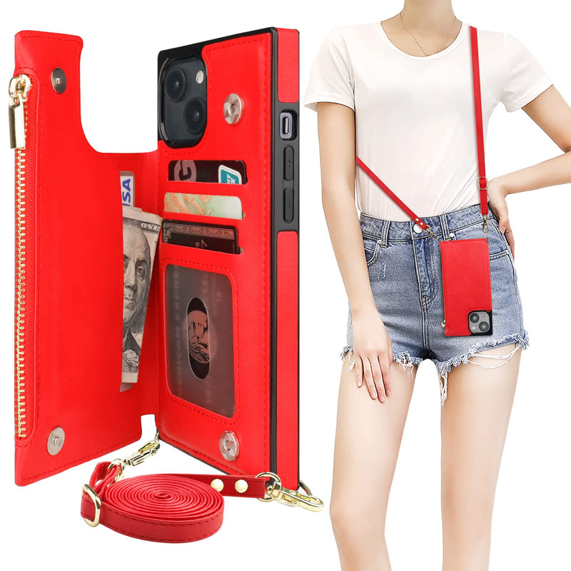  [AUSTRALIA] - Bocasal Crossbody Wallet Case for iPhone 14 Plus with RFID Blocking Card Slot Holder, Magnetic Flip Folio Purse Case, PU Leather Zipper Handbag with Detachable Lanyard Strap 6.7 Inch 5G (Red) Red