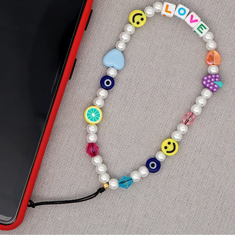  [AUSTRALIA] - Wowlicase 3PCS Beaded Phone charm Lanyard Wrist Strap Smiley Face Fruit Star Letter Pearl Handmade Rainbow Acrylic Polymer Clay Beads Keychain for Women Girls