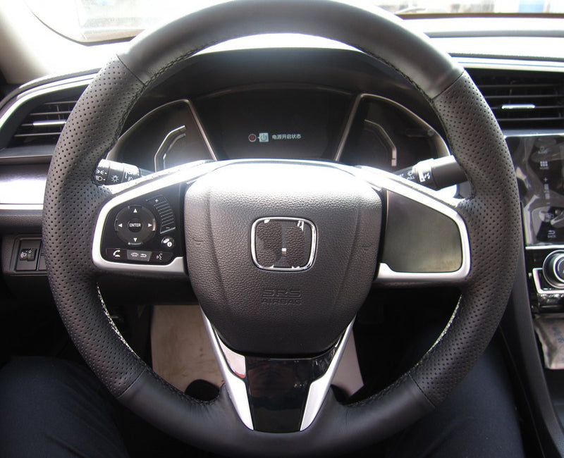  [AUSTRALIA] - Eiseng DIY Car Steering Wheel Cover for 2016-2019 Honda Civic Interior Accessories / For 2017 2018 2019 Honda CR-V CRV Genuine Leather Stitch On Wrap 15inch (Black Thread) Black Thread