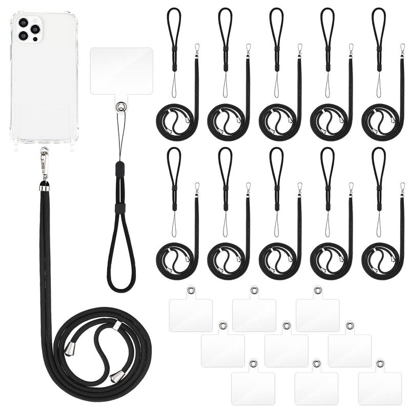  [AUSTRALIA] - LEIFIDE 30 Pack Cell Phone Lanyard Set, 10 Crossbody Lanyard with Adjustable Swivel Clasps Neck Strap, 10 Wrist Phone Straps, 10 Phone Lanyard Patches, Black