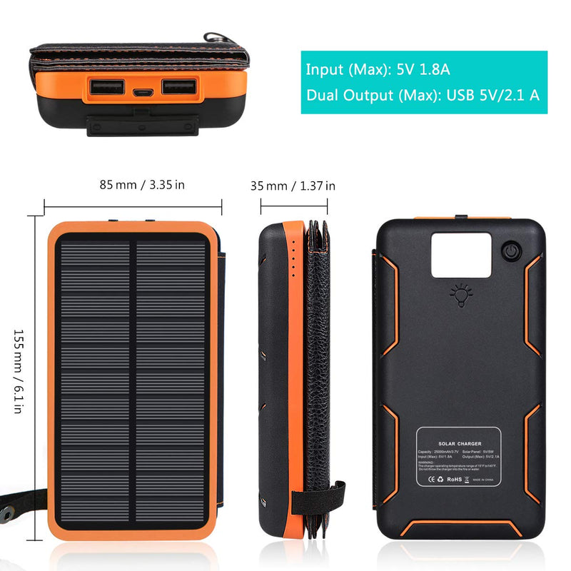 ADDTOP Solar Charger 25000mAh Huge Capacity Solar Power Bank with Dual 5V/ 2.1A Outputs High-Speed & 4 Solar Panels, Portable Battery Phone Charger for Smartphones Tablets, Outdoor Rainproof Orange - LeoForward Australia