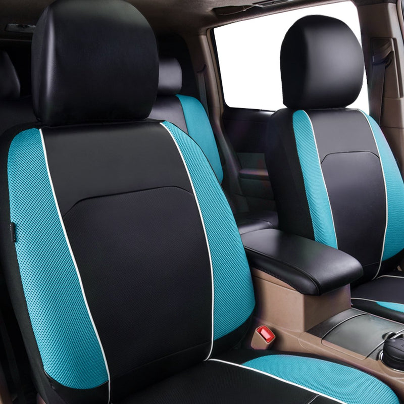  [AUSTRALIA] - HORSE KINGDOM Car Seat Covers Black Blue for Men Boy Universal Fit Cars Trucks Suvs Vans Two Front Faux Leather Airbag Compatible (Black with waterblue) black with waterblue