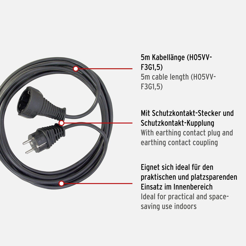  [AUSTRALIA] - Brennenstuhl quality plastic extension cable with earthing contact plug and coupling (extension cable for inside with 5m cable) black single