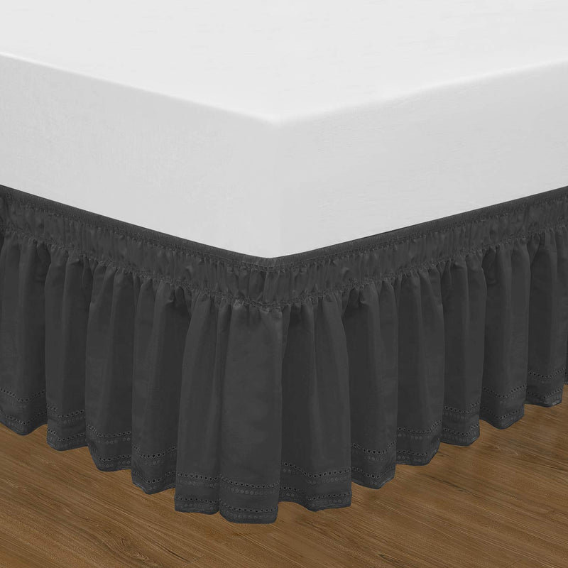  [AUSTRALIA] - QSY Home Wrap Around Elastic Eyelet Bed Skirts 14 1/2 Inches Drop Dust Ruffle Three Fabric Sides Easy On/Easy Off Adjustable Polyester Cotton(Black Queen/King) Embroidery-Queen/King-14 1/2 Inch Drop Black