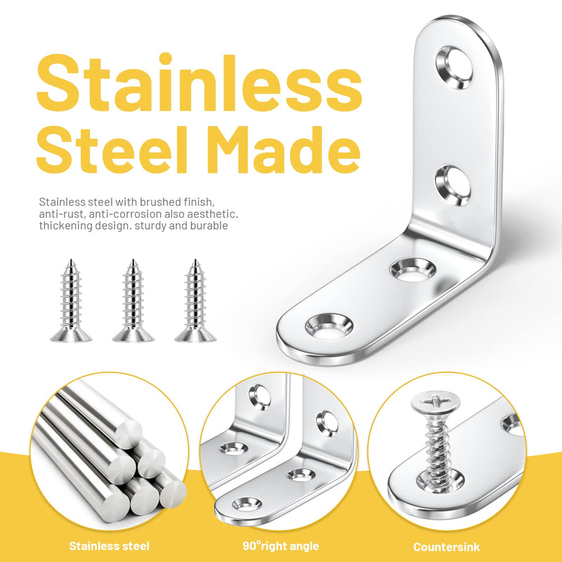  [AUSTRALIA] - 16PCS L Bracket Corner Brace Double Holes Brackets for Wood, Teenitor Metal Corner Bracket, 1.57x1.57 Inch Stainless Steel Right Angle Bracket for Wood Furniture Chair Drawer Cabinet with 64PCS Screws