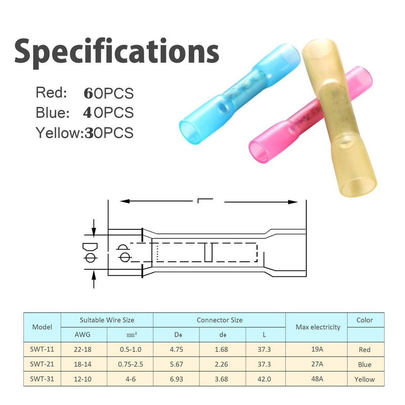  [AUSTRALIA] - CESFONJER Waterproof Cable Connectors | Cable connector butt connector shrink connector | Cable lugs crimp connector set (red 60 pieces, blue 40 pieces, yellow 30 pieces)