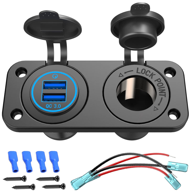  [AUSTRALIA] - QC 3.0 USB Outlet 12V Boat Marine Waterproof Cigarette Lighter Socket Splitter 12 Volt DC Power Charger Adapter DIY Kit with Blue LED Dual USB Ports for Rocker Switch Panel on Car RV Golf Cart ATV