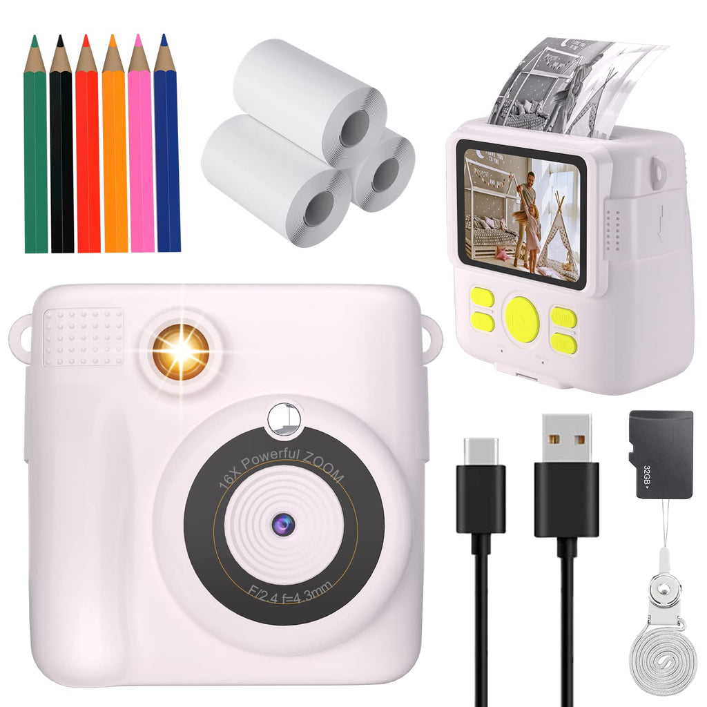  [AUSTRALIA] - YTETCN Instant Print Camera for Kids 3-12 Years Old, Black and White Kids Print Camera with SD Card, 8MP Photo, 1080P Video, 3 Rolls Photo Paper & 6 Colored Pencils (White)