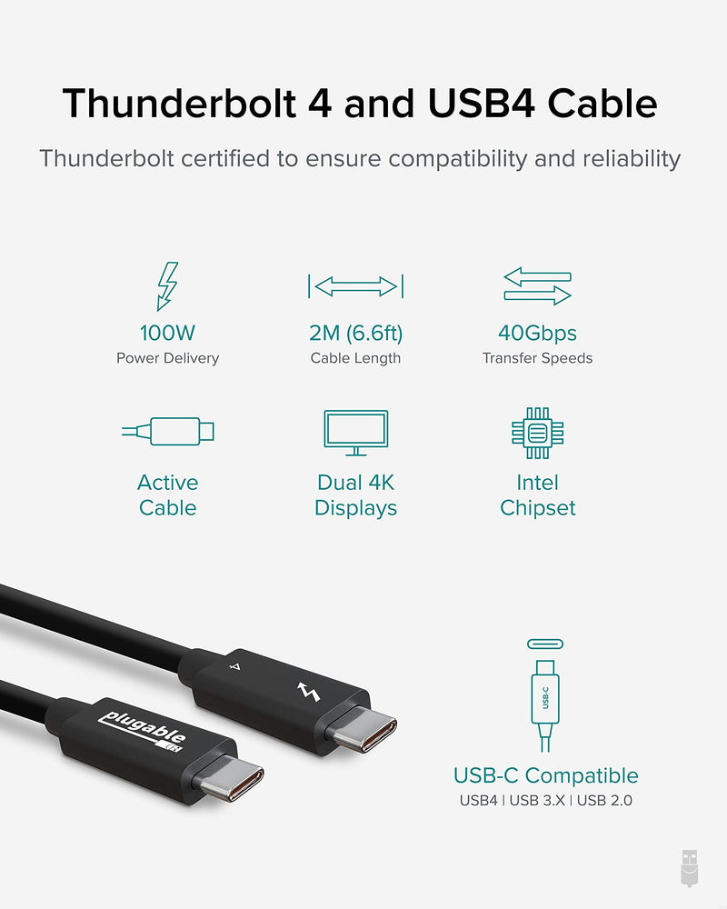  [AUSTRALIA] - Plugable Thunderbolt 4 Cable [Thunderbolt Certified] 6.6ft USB4 Cable with 100W Charging, Single 8K or Dual 4K Displays, 40Gbps Data Transfer, Compatible with Thunderbolt 4, USB4, Thunderbolt 3, USB-C 2 Meter