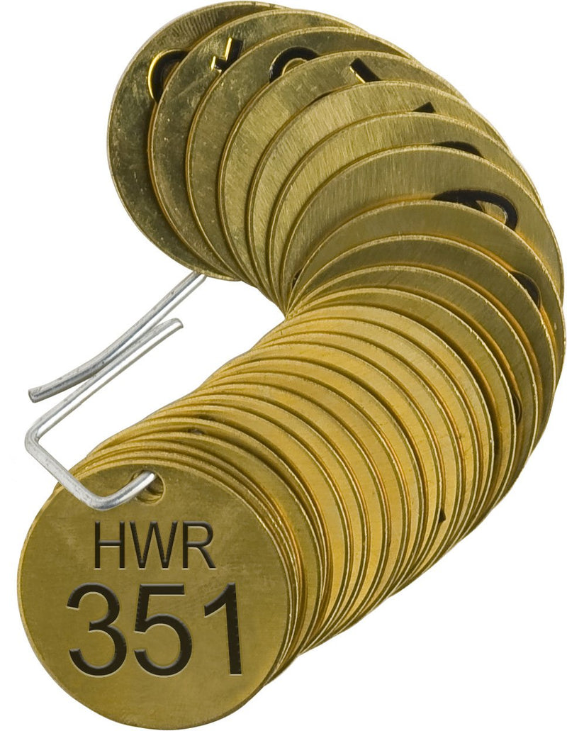  [AUSTRALIA] - Brady 235501 1/2" Diameter Stamped Brass Valve Tags, Numbers 351-375, Legend"HWR" (25 per Package)