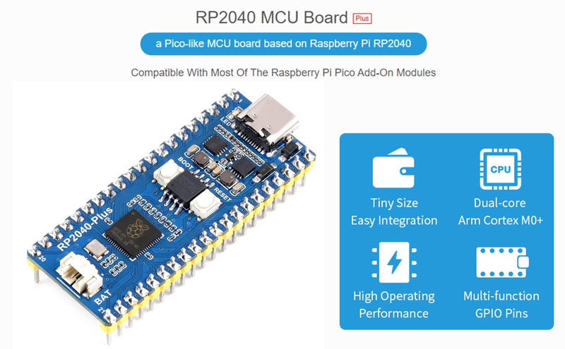  [AUSTRALIA] - Waveshare RP2040-Plus with Header, Pico-Like MCU Board Based on Raspberry Pi RP2040 Chip, Dual-core Arm Processor, Onboard 4MB Flash, USB-C Connector, Recharge Header, and Higher Current DC-DC Chip